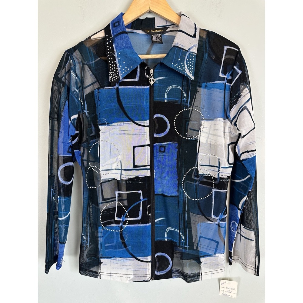 Valentina 2 Pc Set Sheer Collared Zip Up Shirt & Tank Abstract Rhinestone Size M
